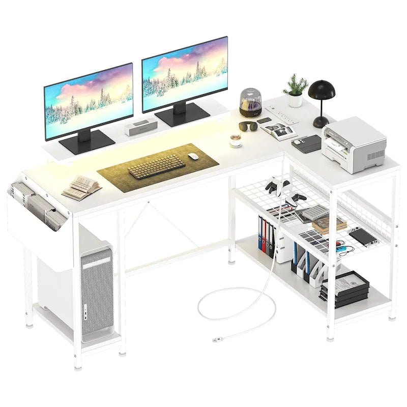 Bureau d'angle en forme de L avec prises électriques et lumière LED