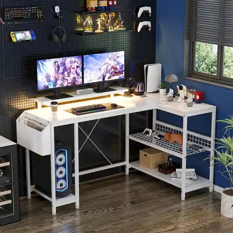 Bureau d'angle en forme de L avec prises électriques et lumière LED