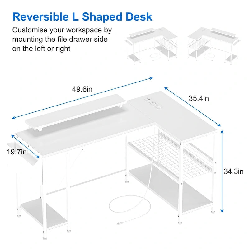 Bureau d'angle en forme de L avec prises électriques et lumière LED
