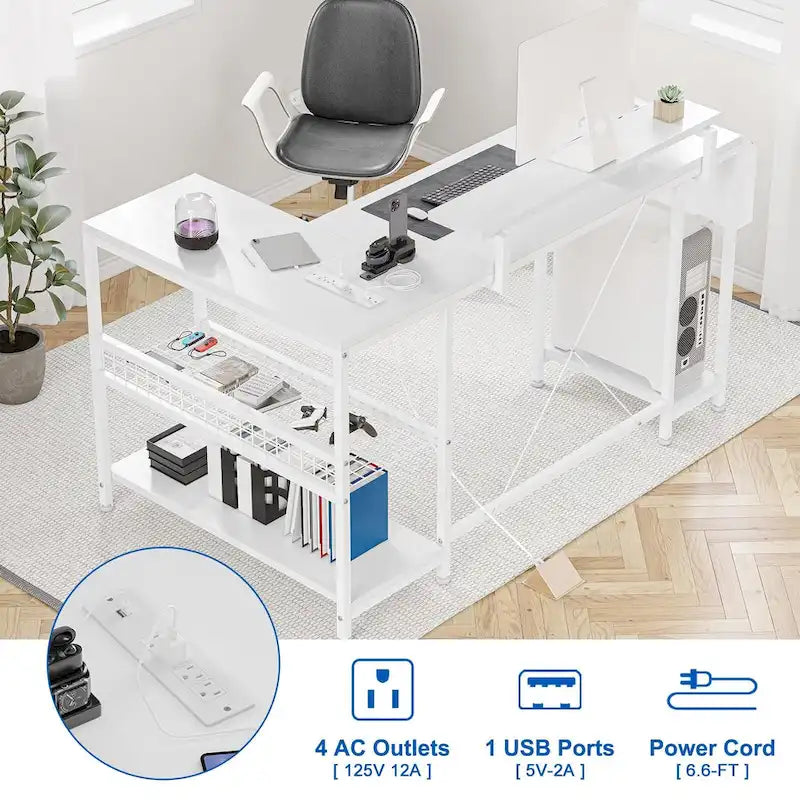 Bureau d'angle en forme de L avec prises électriques et lumière LED