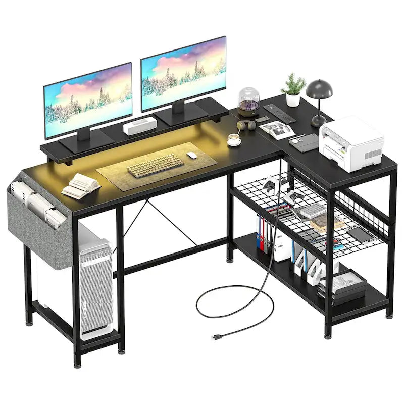 Bureau d'angle en forme de L avec prises électriques et lumière LED
