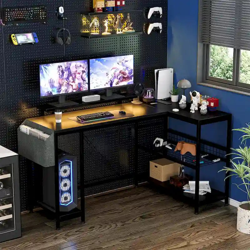 Bureau d'angle en forme de L avec prises électriques et lumière LED