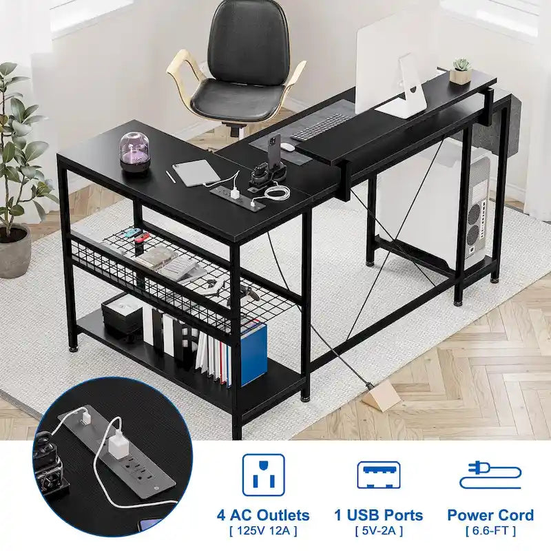 Bureau d'angle en forme de L avec prises électriques et lumière LED