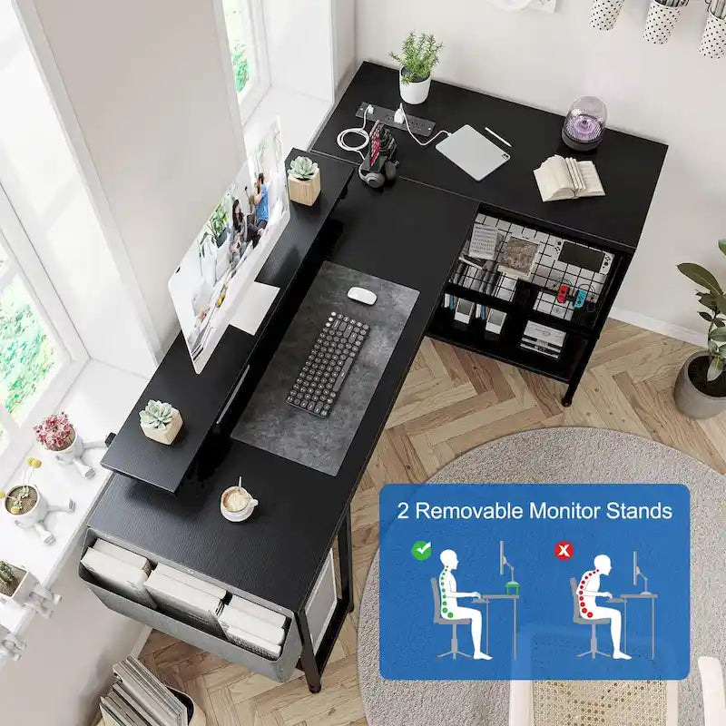 Bureau d'angle en forme de L avec prises électriques et lumière LED