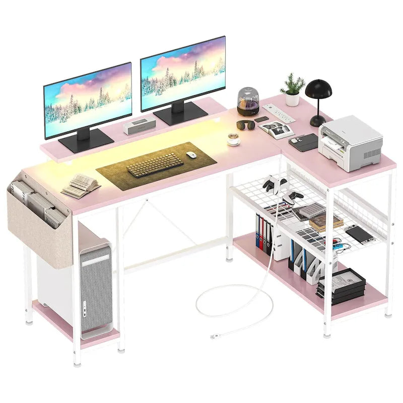 Bureau d'angle en forme de L avec prises électriques et lumière LED