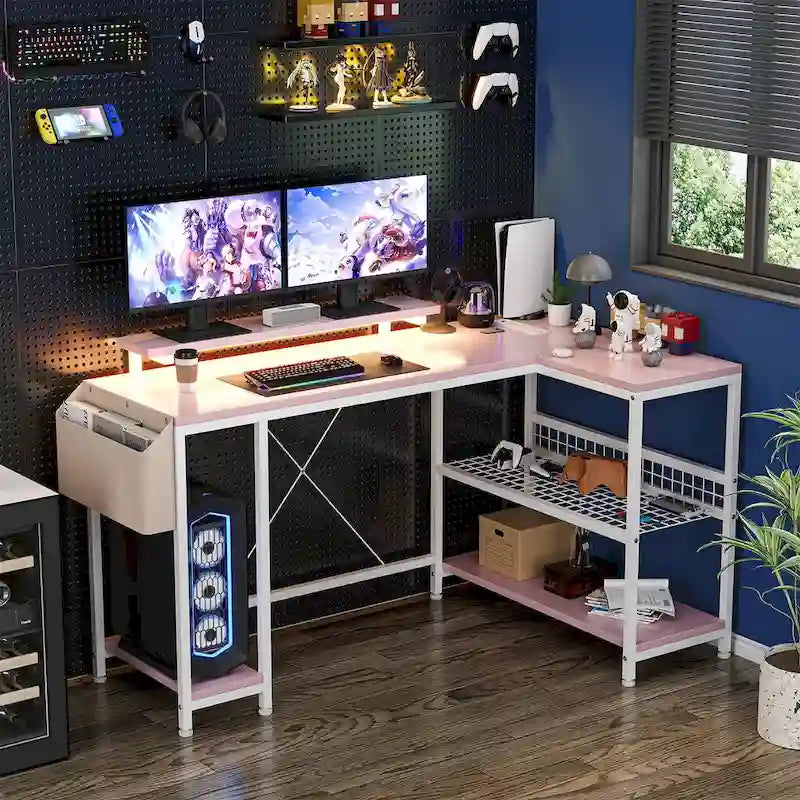 Bureau d'angle en forme de L avec prises électriques et lumière LED