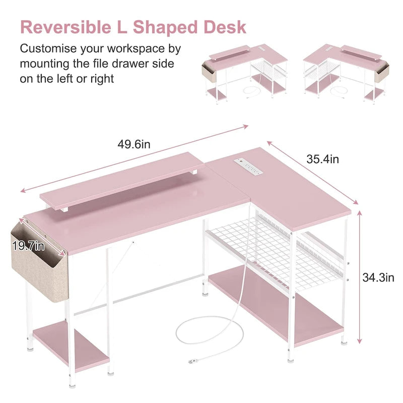 Bureau d'angle en forme de L avec prises électriques et lumière LED