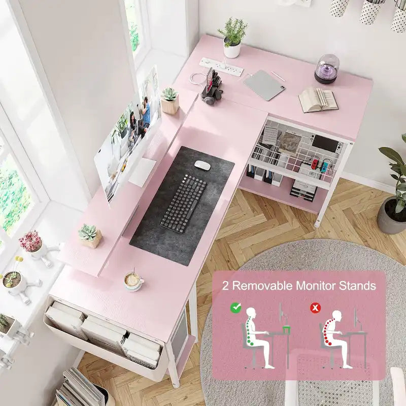 Bureau d'angle en forme de L avec prises électriques et lumière LED