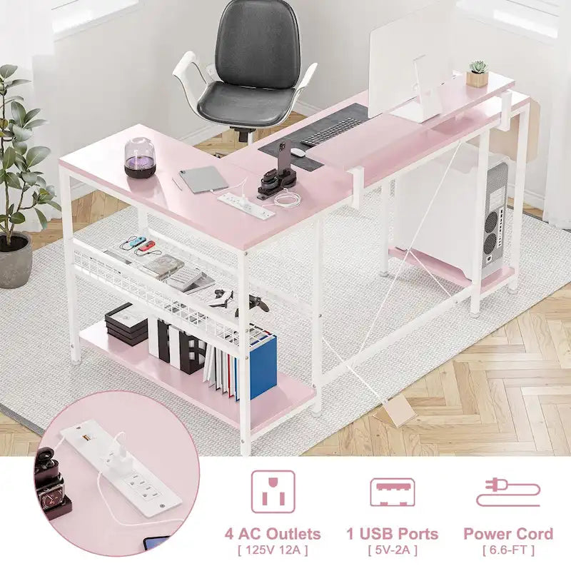 Bureau d'angle en forme de L avec prises électriques et lumière LED