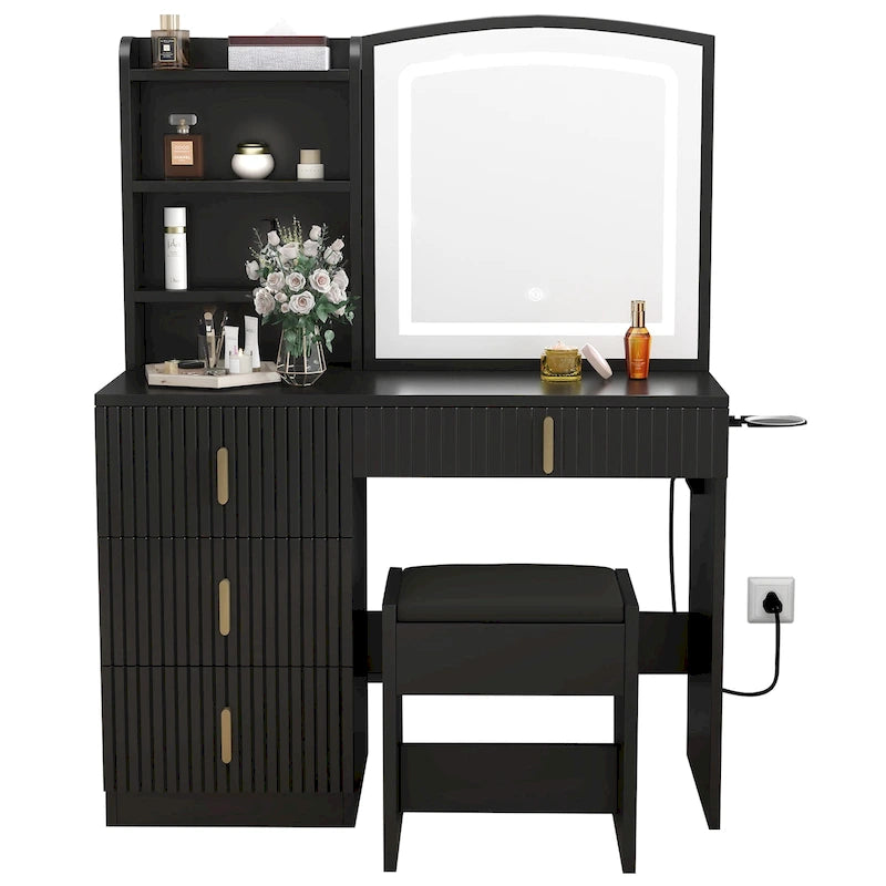 Coiffeuse de 99 cm de large avec tabouret et miroir coulissant à 3 couleurs