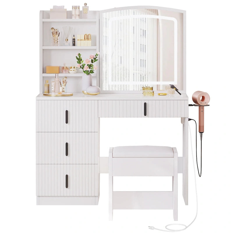 Coiffeuse de 99 cm de large avec tabouret et miroir coulissant à 3 couleurs