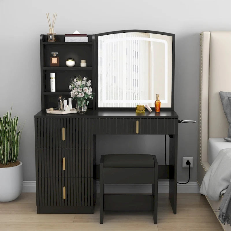 Coiffeuse de 99 cm de large avec tabouret et miroir coulissant à 3 couleurs