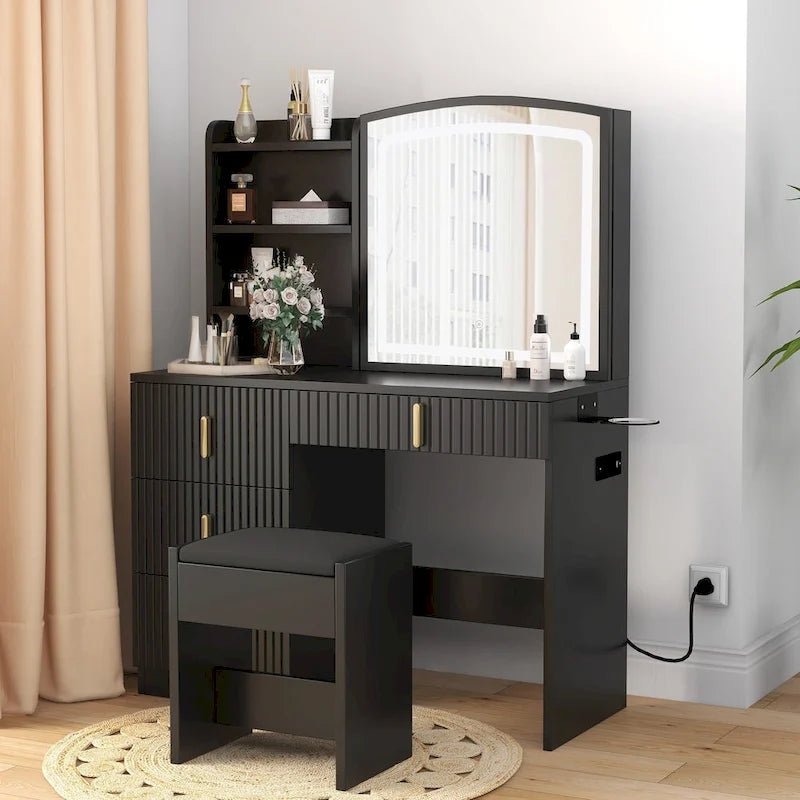 Coiffeuse de 99 cm de large avec tabouret et miroir coulissant à 3 couleurs