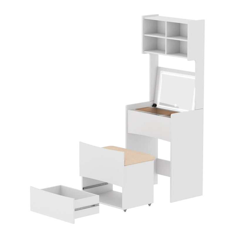 Coiffeuse avec miroir rabattable éclairé par LED, Coiffeuse de maquillage avec tabouret amovible