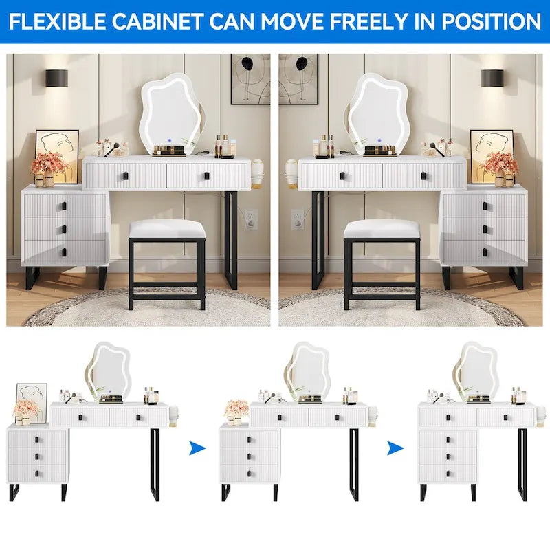 Coiffeuse avec miroir, tabouret, station d'alimentation et 5 tiroirs - 110 x 40 x 126,7 cm (L x l x H)