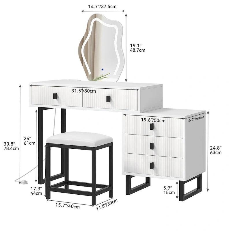 Coiffeuse avec miroir, tabouret, station d'alimentation et 5 tiroirs - 110 x 40 x 126,7 cm (L x l x H)