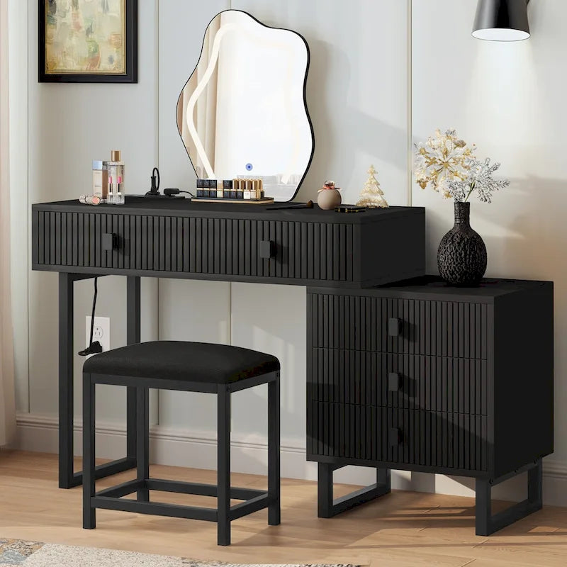 Coiffeuse avec miroir, tabouret, station d'alimentation et 5 tiroirs - 110 x 40 x 126,7 cm (L x l x H)