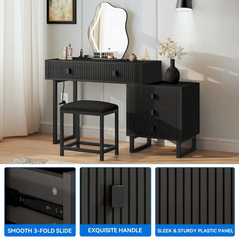 Coiffeuse avec miroir, tabouret, station d'alimentation et 5 tiroirs - 110 x 40 x 126,7 cm (L x l x H)