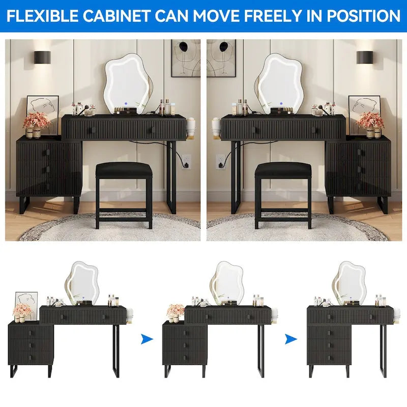 Coiffeuse avec miroir, tabouret, station d'alimentation et 5 tiroirs - 110 x 40 x 126,7 cm (L x l x H)
