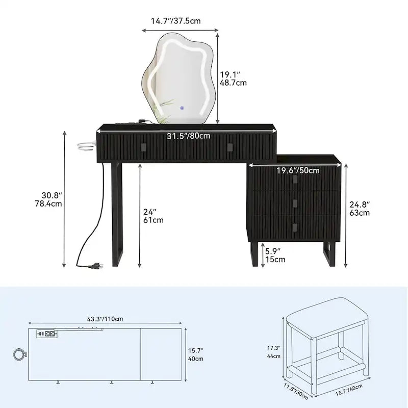 Coiffeuse avec miroir, tabouret, station d'alimentation et 5 tiroirs - 110 x 40 x 126,7 cm (L x l x H)