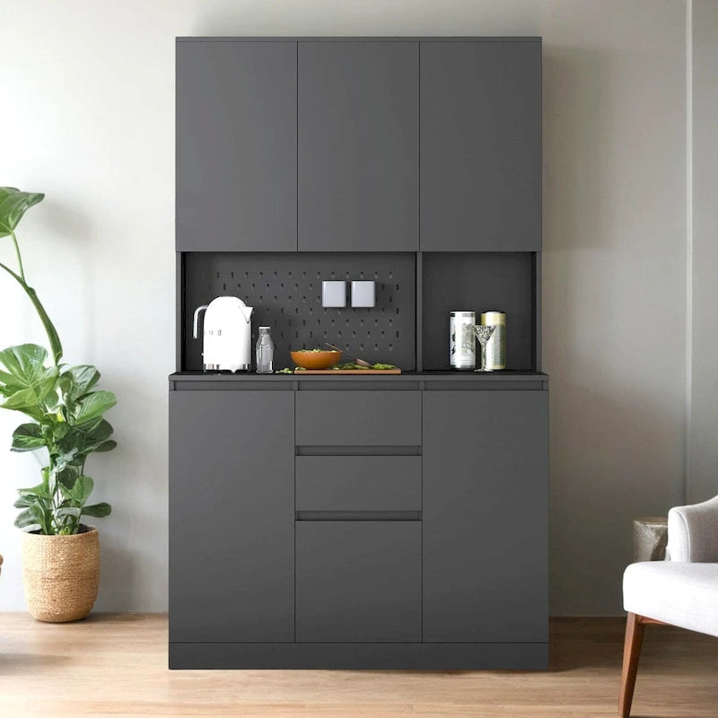 Garde-manger autoportant avec 6 portes, 3 étagères et 1 tiroir, armoire polyvalente et meuble de cuisine