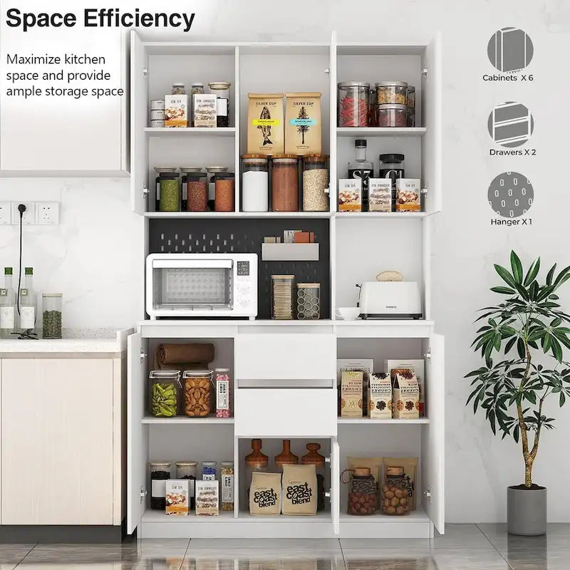 Garde-manger autoportant avec 6 portes, 3 étagères et 1 tiroir, armoire polyvalente et meuble de cuisine
