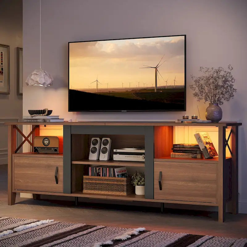 Meuble TV de ferme pour téléviseur de 70 pouces avec lumière LED, meuble console TV de 63 pouces avec rangement multimédia