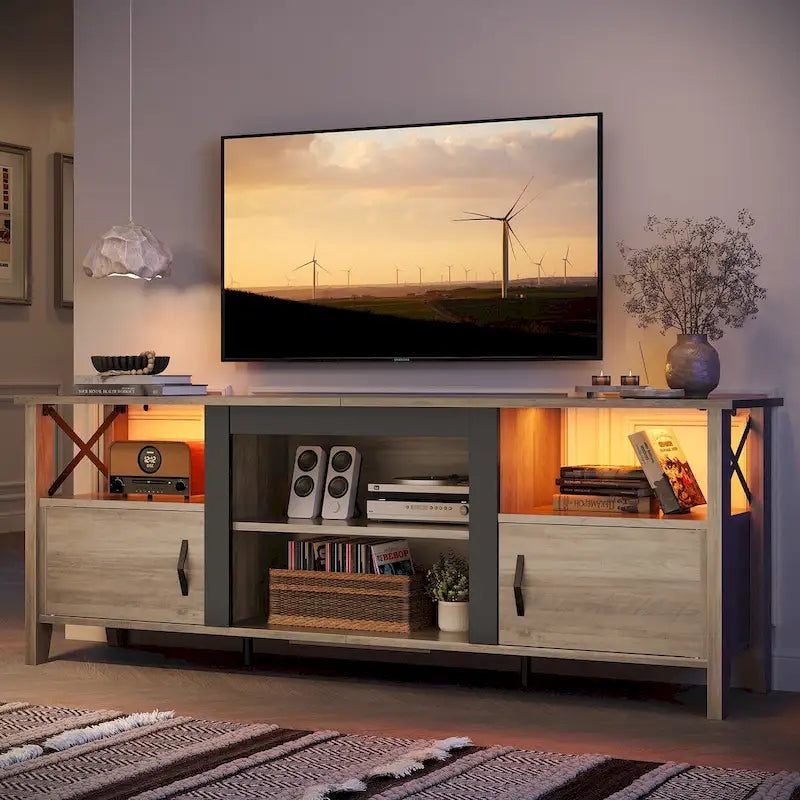 Meuble TV de ferme pour téléviseur de 70 pouces avec lumière LED, meuble console TV de 63 pouces avec rangement multimédia