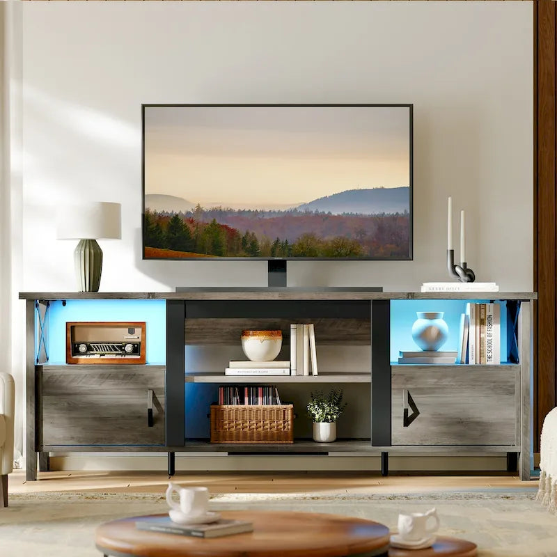 Meuble TV de ferme pour téléviseur de 70 pouces avec lumière LED, meuble console TV de 63 pouces avec rangement multimédia