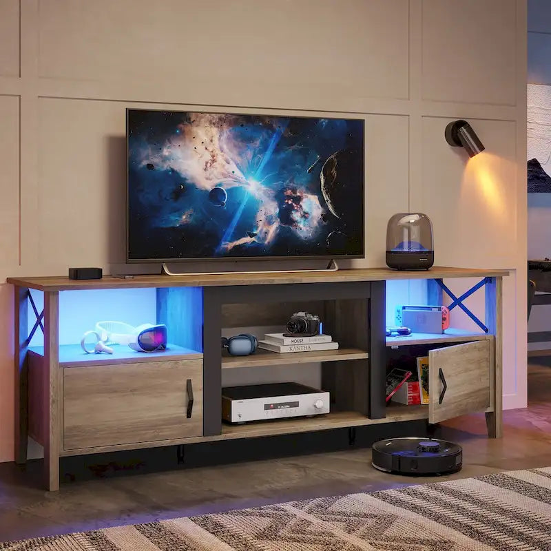 Meuble TV de ferme pour téléviseur de 70 pouces avec lumière LED, meuble console TV de 63 pouces avec rangement multimédia