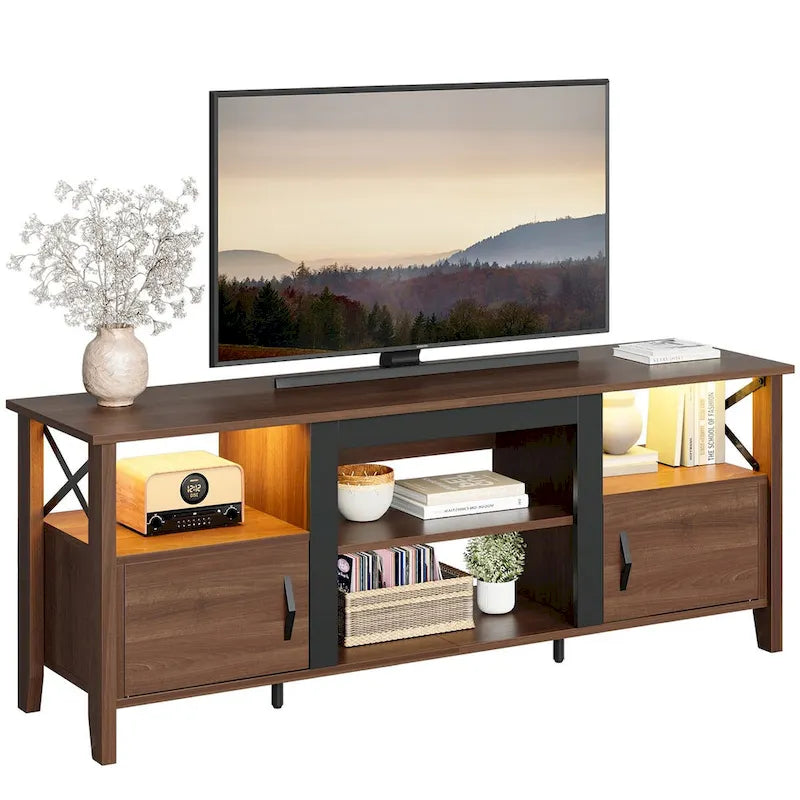 Meuble TV de ferme pour téléviseur de 70 pouces avec lumière LED, meuble console TV de 63 pouces avec rangement multimédia