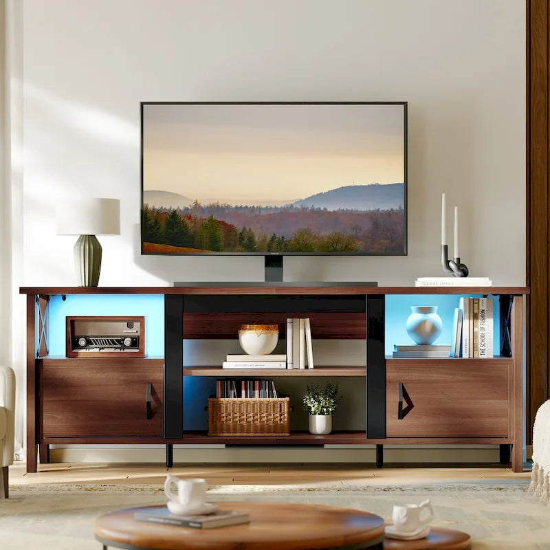 Meuble TV de ferme pour téléviseur de 70 pouces avec lumière LED, meuble console TV de 63 pouces avec rangement multimédia