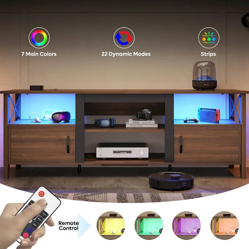 Meuble TV de ferme pour téléviseur de 70 pouces avec lumière LED, meuble console TV de 63 pouces avec rangement multimédia
