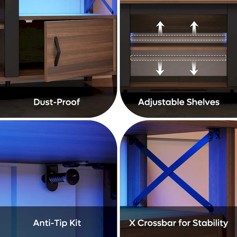 Meuble TV de ferme pour téléviseur de 70 pouces avec lumière LED, meuble console TV de 63 pouces avec rangement multimédia