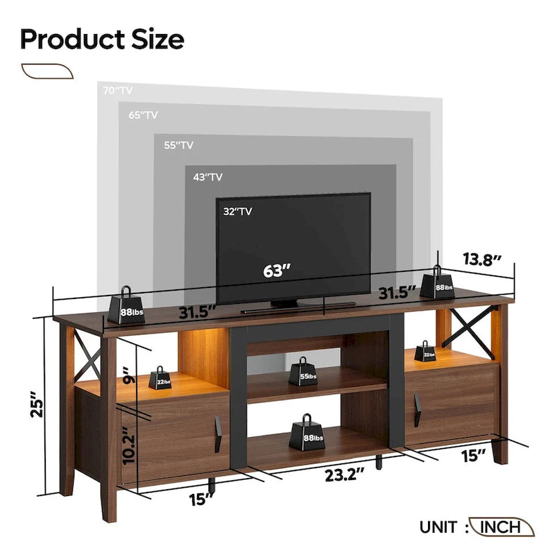 Meuble TV de ferme pour téléviseur de 70 pouces avec lumière LED, meuble console TV de 63 pouces avec rangement multimédia