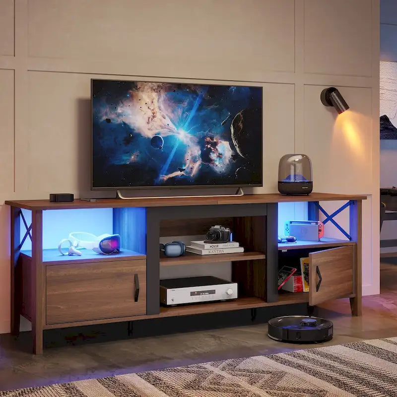 Meuble TV de ferme pour téléviseur de 70 pouces avec lumière LED, meuble console TV de 63 pouces avec rangement multimédia