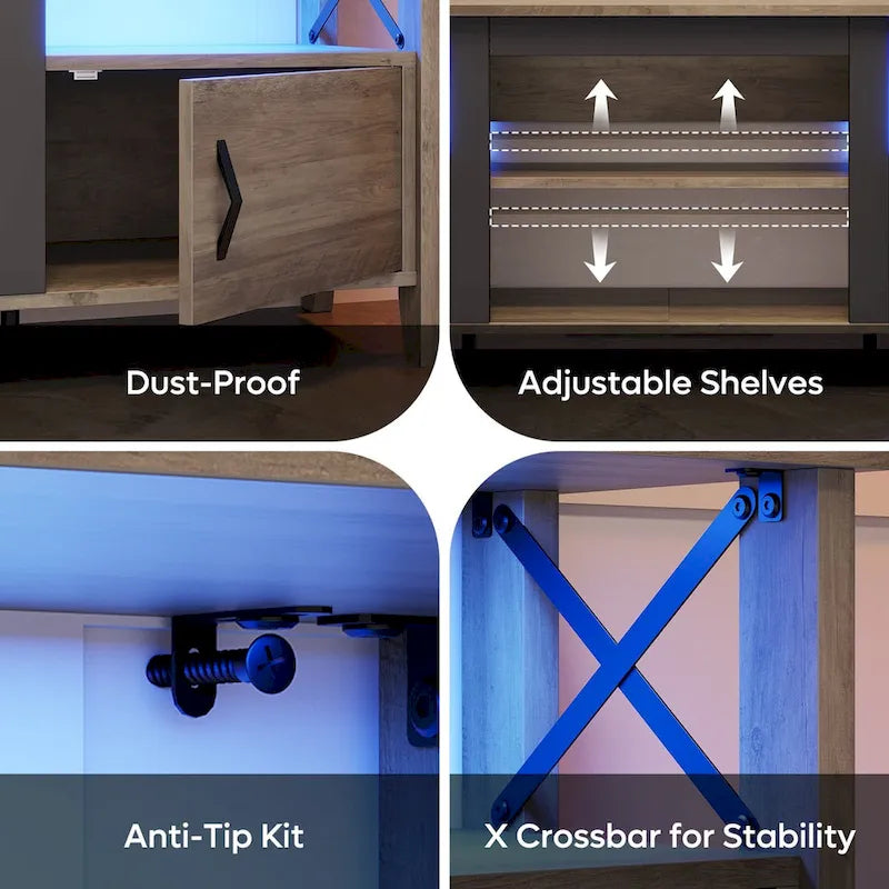 Meuble TV de ferme pour téléviseur de 70 pouces avec lumière LED, meuble console TV de 63 pouces avec rangement multimédia