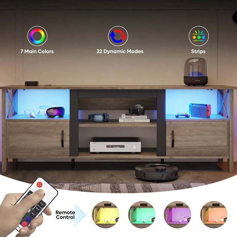 Meuble TV de ferme pour téléviseur de 70 pouces avec lumière LED, meuble console TV de 63 pouces avec rangement multimédia