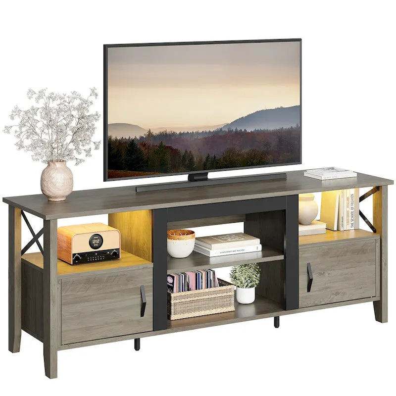 Meuble TV de ferme pour téléviseur de 70 pouces avec lumière LED, meuble console TV de 63 pouces avec rangement multimédia