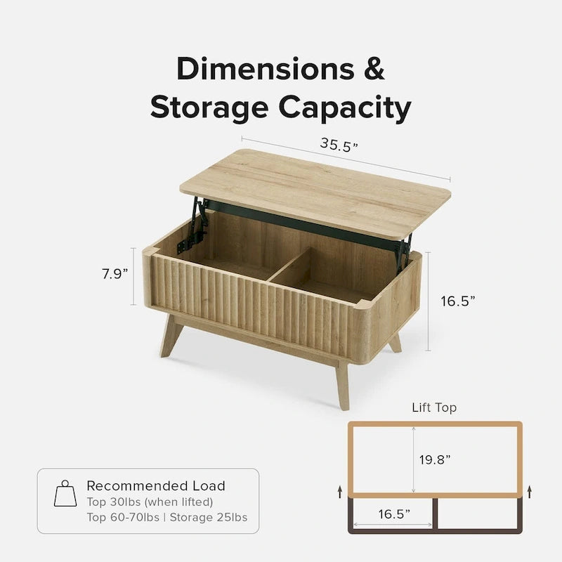 Table basse en bois Art Déco avec plateau relevable de rangement et panneau cannelé pour salon
