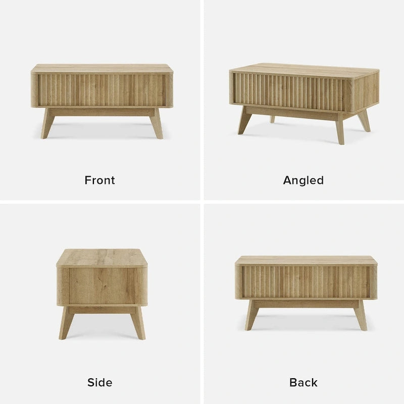 Table basse en bois Art Déco avec plateau relevable de rangement et panneau cannelé pour salon
