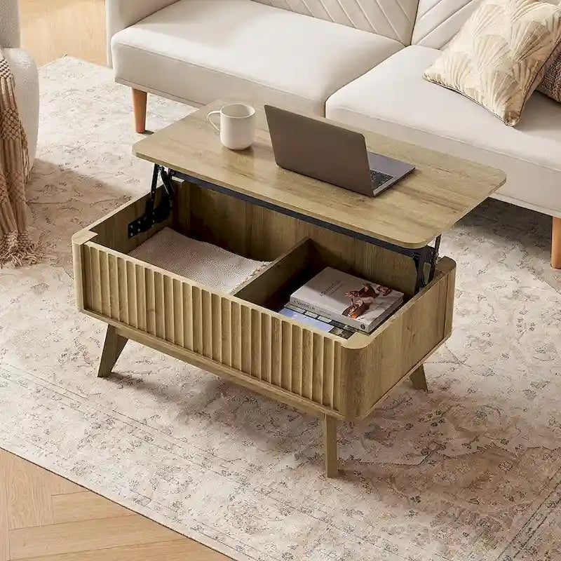 Table basse en bois Art Déco avec plateau relevable de rangement et panneau cannelé pour salon