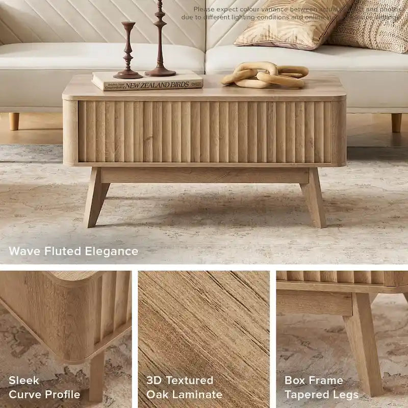 Table basse en bois Art Déco avec plateau relevable de rangement et panneau cannelé pour salon