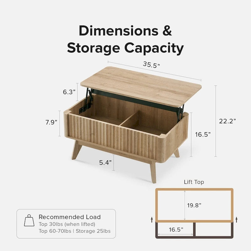 Table basse en bois Art Déco avec plateau relevable de rangement et panneau cannelé pour salon