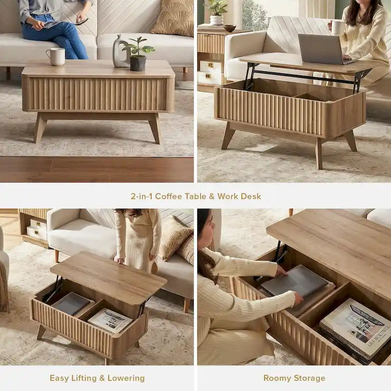 Table basse en bois Art Déco avec plateau relevable de rangement et panneau cannelé pour salon