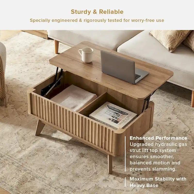 Table basse en bois Art Déco avec plateau relevable de rangement et panneau cannelé pour salon