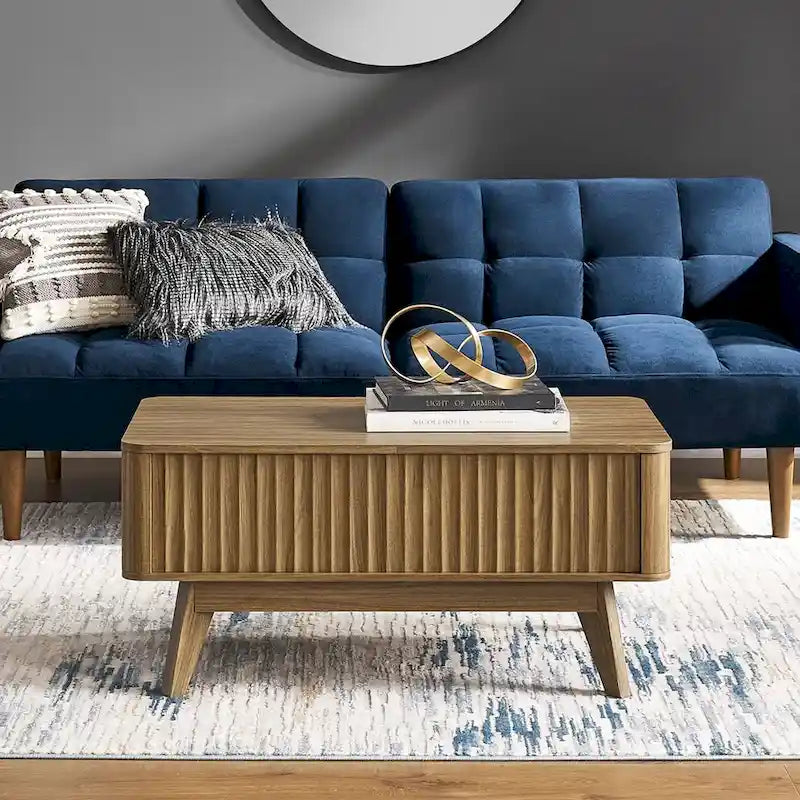 Table basse en bois Art Déco avec plateau relevable de rangement et panneau cannelé pour salon