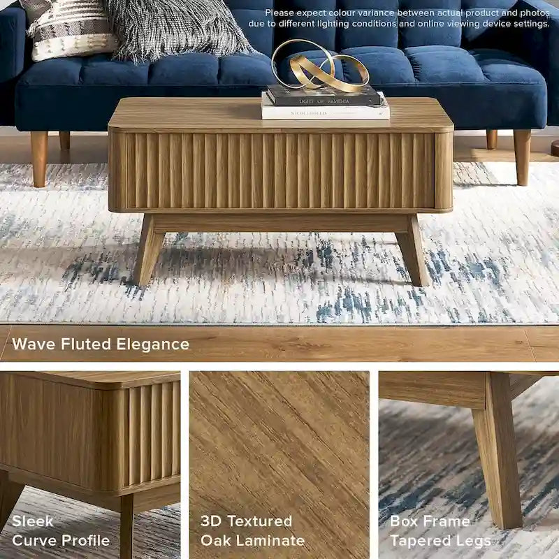 Table basse en bois Art Déco avec plateau relevable de rangement et panneau cannelé pour salon