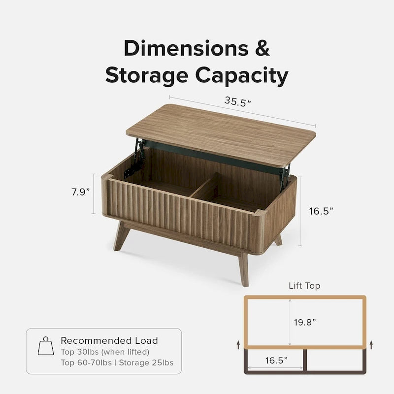 Table basse en bois Art Déco avec plateau relevable de rangement et panneau cannelé pour salon