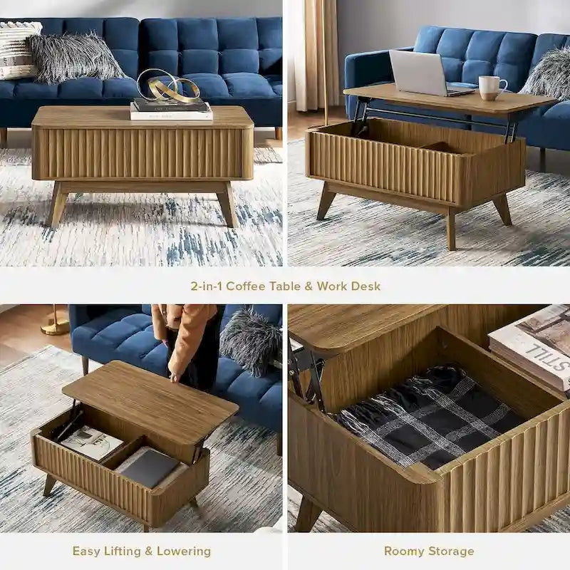 Table basse en bois Art Déco avec plateau relevable de rangement et panneau cannelé pour salon